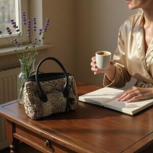 Python leather handbag black leather handles NWT